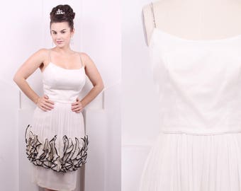 Vintage 1960's White with Black Trim Layered Cocktail Dress • 60's Ruffle Evening Wiggle Dress • Size S/M