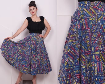 Vintage 1950's Electric Geometric Cotton Circle Skirt • 50's Novelty Print Swing Dance Skirt • Size S