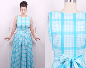 Vintage 1970's Aqua Gingham Maxi Dress • 70's Bright Aqua Plaid Full Swing Dress • Size S/M