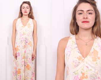 Vintage 1970's Buttercream Floral Maxi • 70's Spring Floral Dress • Size S/M