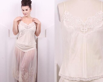 Vintage 1980's Ivory Satin and Lace Slip Set • 80's  Camisole & Half Slip Set • Size M