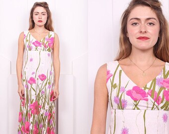 Vintage 1960's Bright Floral Print Maxi • 60's Pink Tulip Print Dress • Size XS