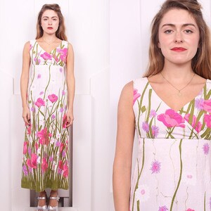 Vintage 1960's Bright Floral Print Maxi 60's Pink Tulip Print Dress Size XS image 1