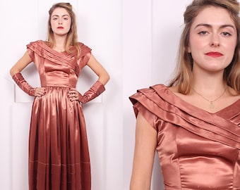 Vintage 1950's Emma Domb Rose Bronze Satin Evening Gown • 50's Designer Prom Dress Set • Size XS