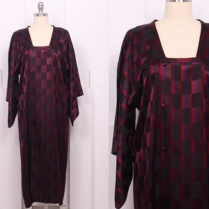 Vintage 1960's Japanese Maroon Geometric Michiyuki Coat 60's Sanbi Kimono Sleeve Dress O/S image 1