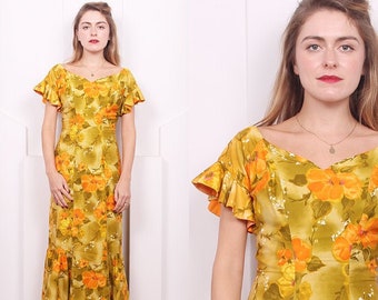 Vintage 1960's Hawaiian Casuals by Stan Hicks Floral Maxi Dress • 60's Designer Hawaiian Floral Dress • Size S