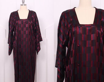 Vintage 1960's Japanese Maroon Geometric Michiyuki Coat • 60's Sanbi Kimono Sleeve Dress • O/S