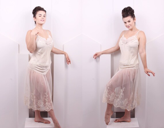 Vintage 1980's Ivory Satin and Lace Slip Set • 80… - image 3