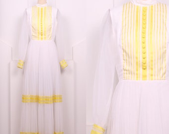 Vintage 1970's Yellow & White Pleated Maxi Dress • 70's Sheer Long Sleeve Dress • Size S