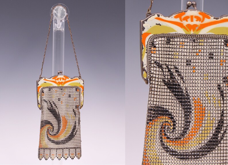 Vintage 1920's Whiting & Davis Orange Swirl Handbag 20's Designer Deco Mesh Purse image 1