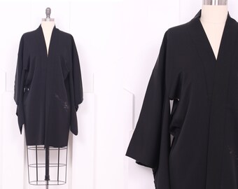 Vintage Black & Metallic Floral Embroidered Haori Kimono • Short Black Silk Robe