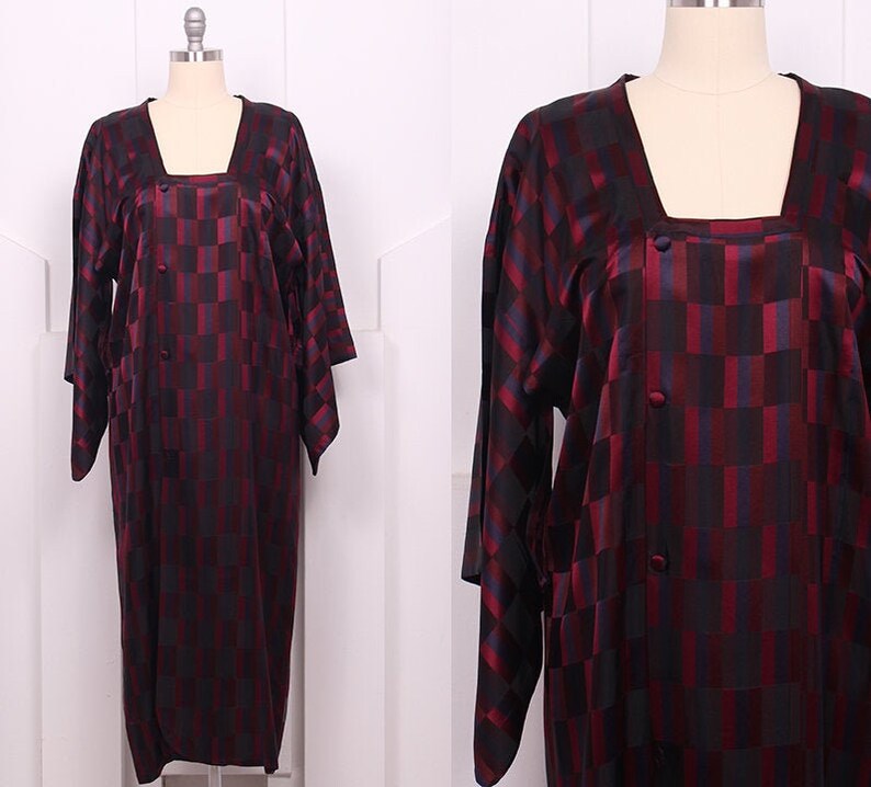 Vintage 1960's Japanese Maroon Geometric Michiyuki Coat 60's Sanbi Kimono Sleeve Dress O/S image 1