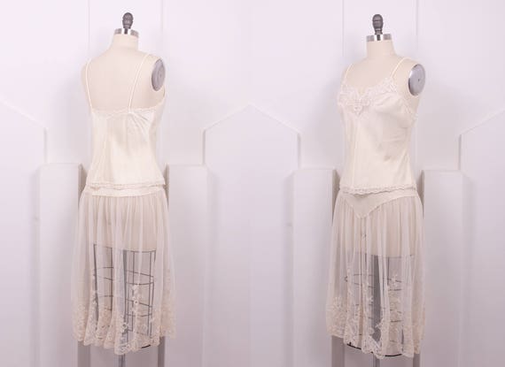 Vintage 1980's Ivory Satin and Lace Slip Set • 80… - image 4