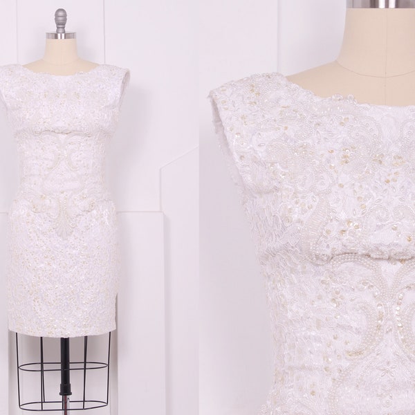 Vintage 1980's White Lace and Sequin Mini Dress • 80's White Sleeveless Beaded Wedding Dress • Size M
