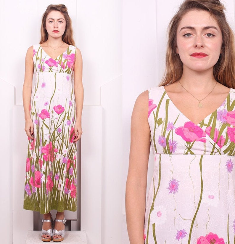 Vintage 1960's Bright Floral Print Maxi 60's Pink Tulip Print Dress Size XS image 1