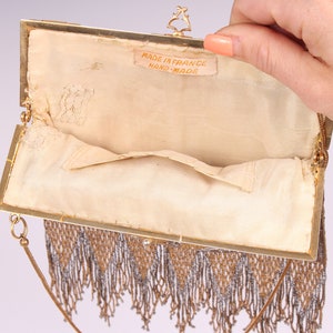 Vintage 1920's Gold Art Deco French Handbag 20's White & Gold Beaded Fringe Purse image 7