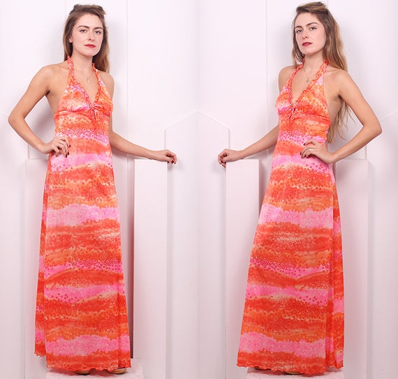 Vintage 1970's Bright Tricot Halter Maxi • 70's P… - image 2