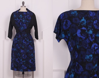 Vintage 1960's Silk Black & Royal Blue Floral Dress Set • 60's Watercolor Dress Set • Size M