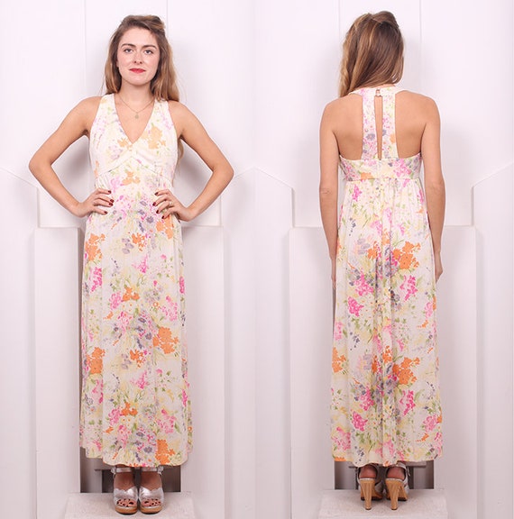 Vintage 1970's Buttercream Floral Maxi • 70's Spr… - image 3