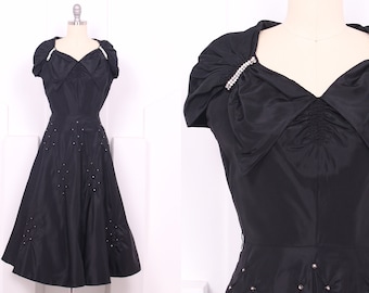 Vintage 1950's Black Taffeta Cocktail Dress • 50's Rhinestone Taffeta Party Dress • Size XS