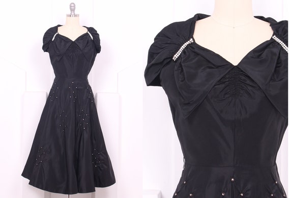 Vintage 1950's Black Taffeta Cocktail Dress • 50's