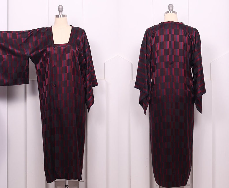 Vintage 1960's Japanese Maroon Geometric Michiyuki Coat 60's Sanbi Kimono Sleeve Dress O/S image 3