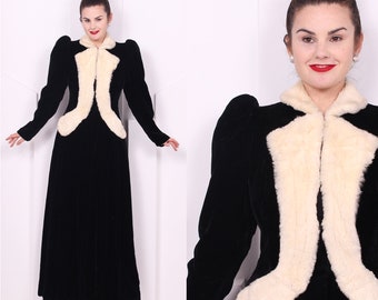 Vintage 1940's Long Black Silk Velvet Coat with Ivory Fur Trim • 40's Long Silk Velvet Evening Coat • Size S