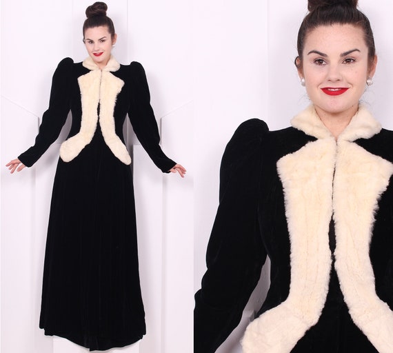 Vintage 1940's Long Black Silk Velvet Coat with Iv