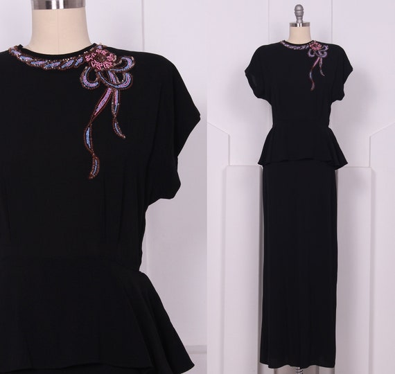 Vintage 1940's DuBarry Black Evening Gown • 40's R
