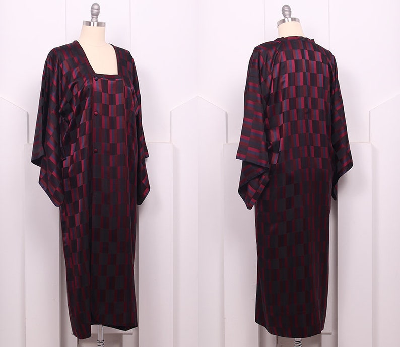 Vintage 1960's Japanese Maroon Geometric Michiyuki Coat 60's Sanbi Kimono Sleeve Dress O/S image 2