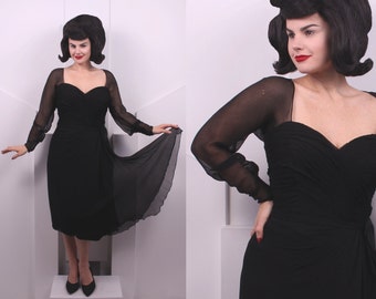 Vintage 1960's Philip Hulitar Black Silk Cocktail Dress • 60's Designer Long sleeve Chiffon Dress • Size L