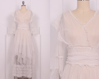 Vintage 1910's White Edwardian Lawn Tea Dress • 10's Sheer Gauze Wedding Dress • Size XS