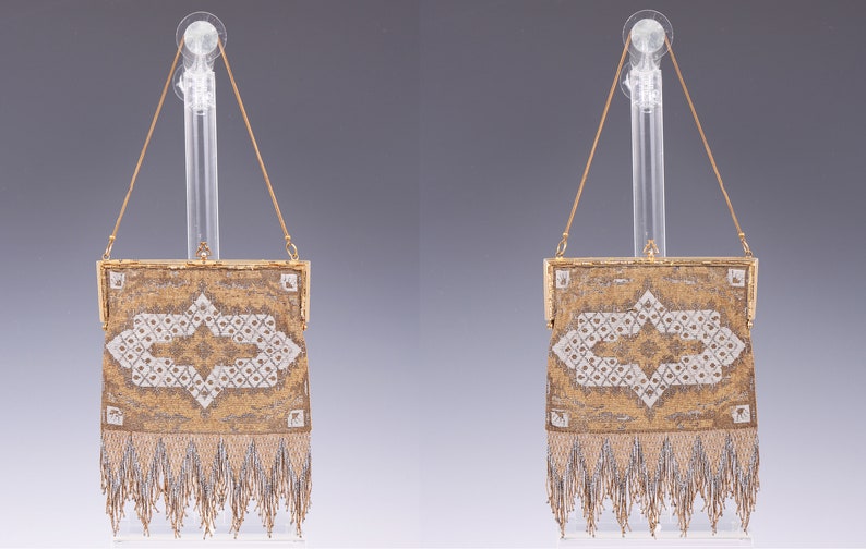 Vintage 1920's Gold Art Deco French Handbag 20's White & Gold Beaded Fringe Purse image 2