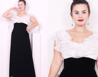 Vintage 1960's Black & White Evening Dress • 60's Ruffle Top Velvet Dress • Size S