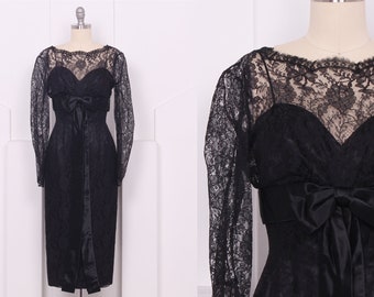 Vintage 1960's Black Lace Long Sleeve Cocktail Dress • 60's Lace Pencil Dress • Size XXS