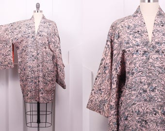 Vintage Floral Pond Short Haori Kimono •  Pink and Grey Silver Art Deco Robe