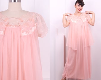 Vintage 1960's Peignoir Set • 60's Peach Chiffon Slip Set • Size S