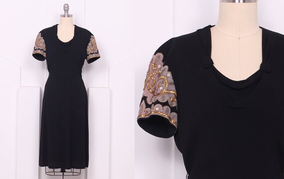 Vintage 1940's Black Rayon Embellished Sleeve Dres