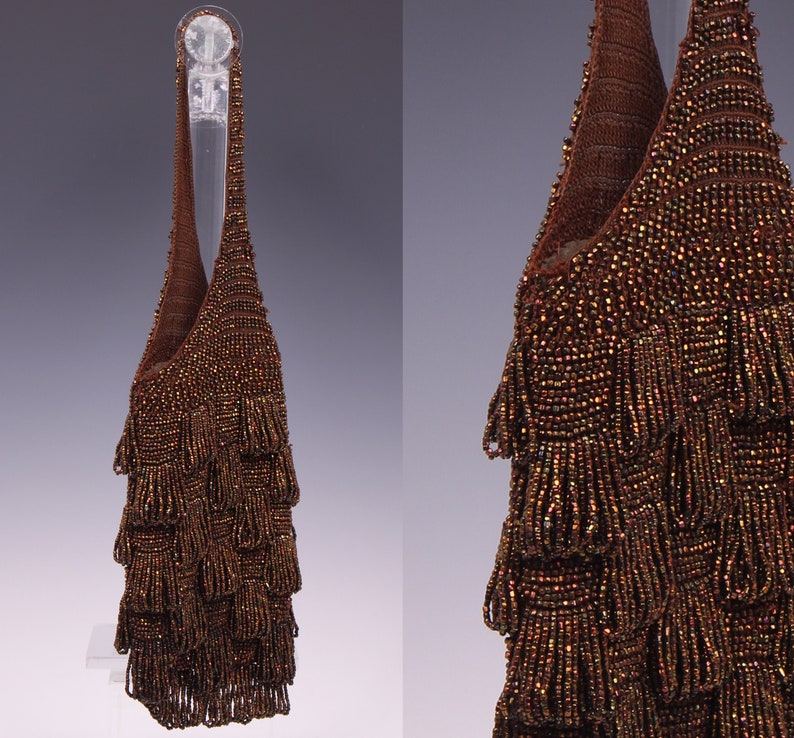 Vintage 1910's Victorian Chocolate Crochet Handbag 10's Brown Beaded Purse image 1