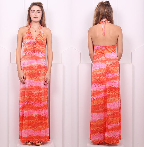 Vintage 1970's Bright Tricot Halter Maxi • 70's P… - image 3