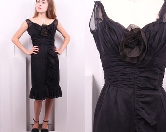 Vintage 1960's Black Organza Ruffle and Rose Party Dress • 60's Black Cocktail Dress • Size XXS
