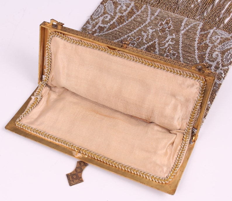 Vintage 1920's Gold Art Deco French Handbag 20's White & Gold Beaded Fringe Purse image 6