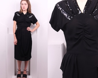 Vintage 1940's David Roth Original Black Rayon Cocktail Dress • 40's Designer Sequin Neckline Party Dress • Size S