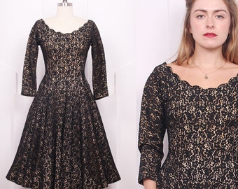 Vintage 1950's Black Lace Cocktail Dress • 50's Black Lace Fit & Flare Dress • Size S