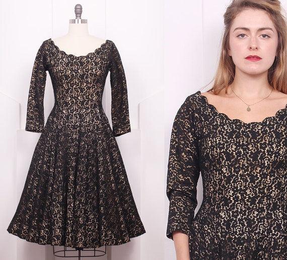 Vintage 1950's Black Lace Cocktail Dress • 50's B… - image 1