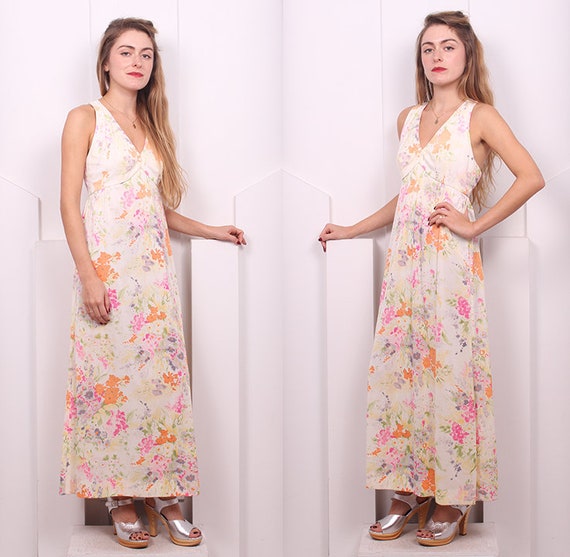 Vintage 1970's Buttercream Floral Maxi • 70's Spr… - image 2