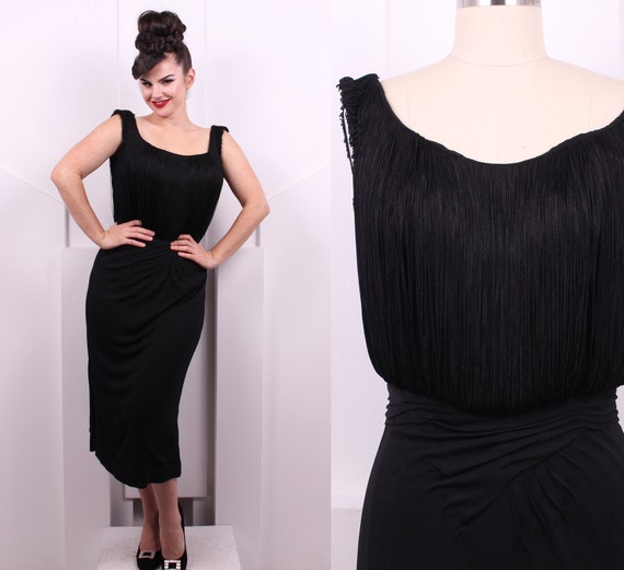 Vintage 1940's Black Fringe Wiggle Dress • 40's Si