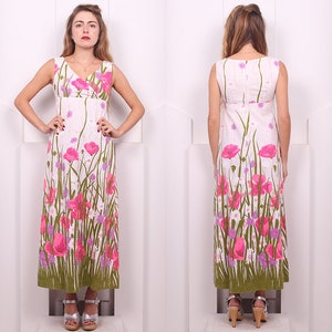 Vintage 1960's Bright Floral Print Maxi 60's Pink Tulip Print Dress Size XS image 3