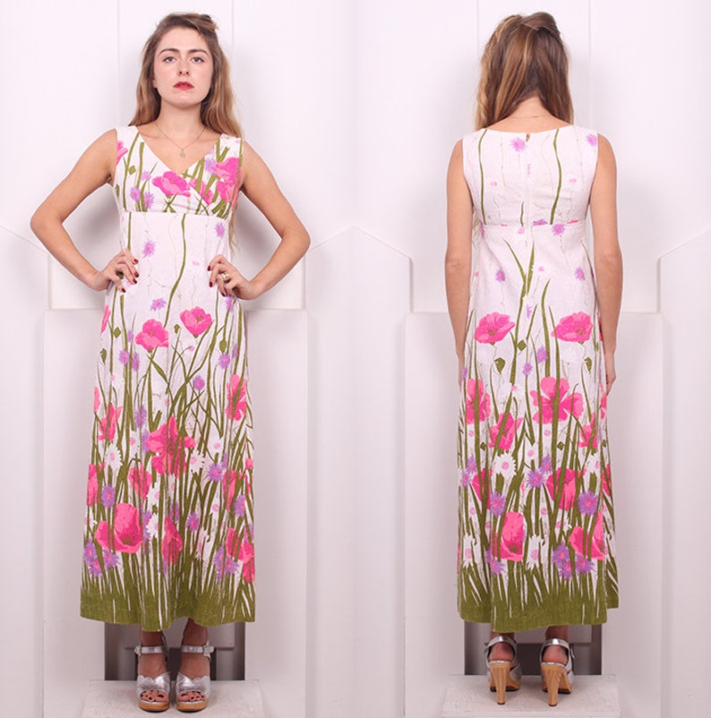Vintage 1960's Bright Floral Print Maxi 60's Pink Tulip Print Dress Size XS image 3