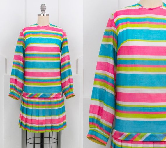 Vintage 1960's Stripe Mini Dress • Bright Pastel … - image 1